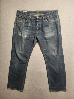Premium By JACK & JONES ~ Men's Distressed Dark Blue Denim Nick Regular Fit Jean
