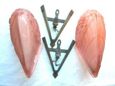 RARE 2 appliques Art Déco 1930, verre rose moulé signé J. ROBERT, support bronze