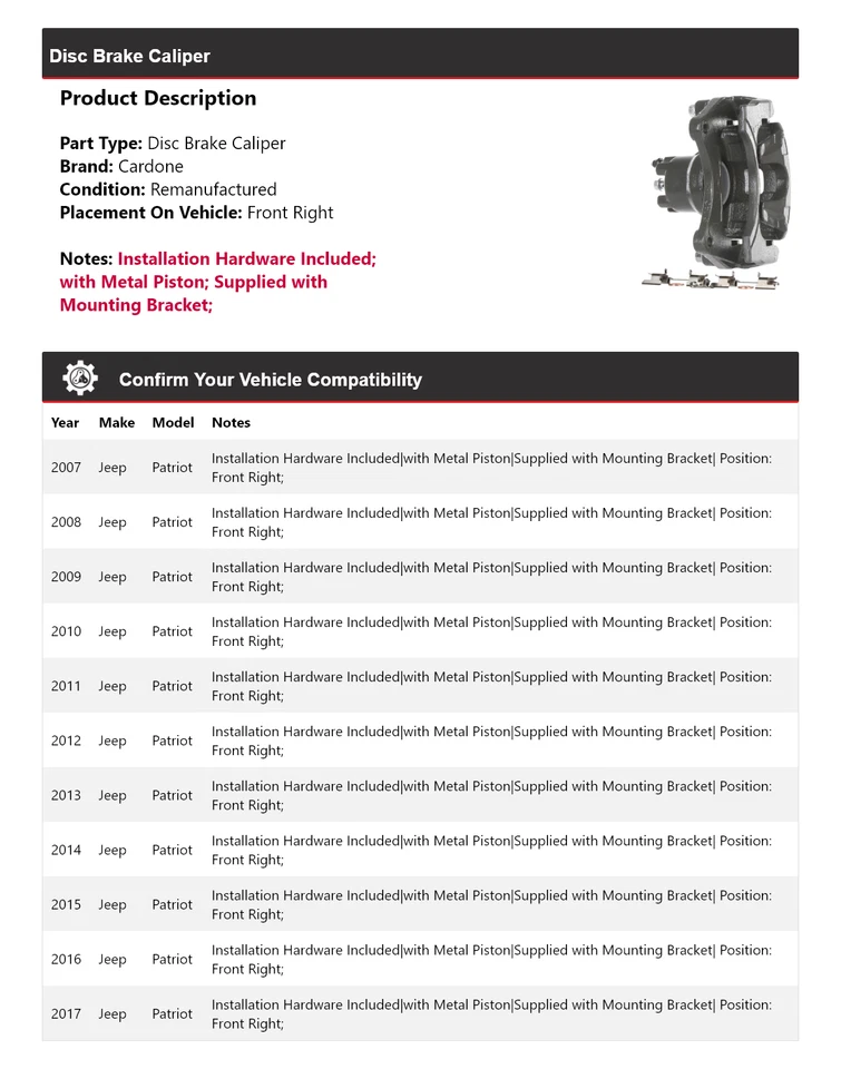 Pinza de freno de disco delantera derecha Cardone 2008 2009 2010 para Jeep Patriot 2007-2017 Foto 2 de 4