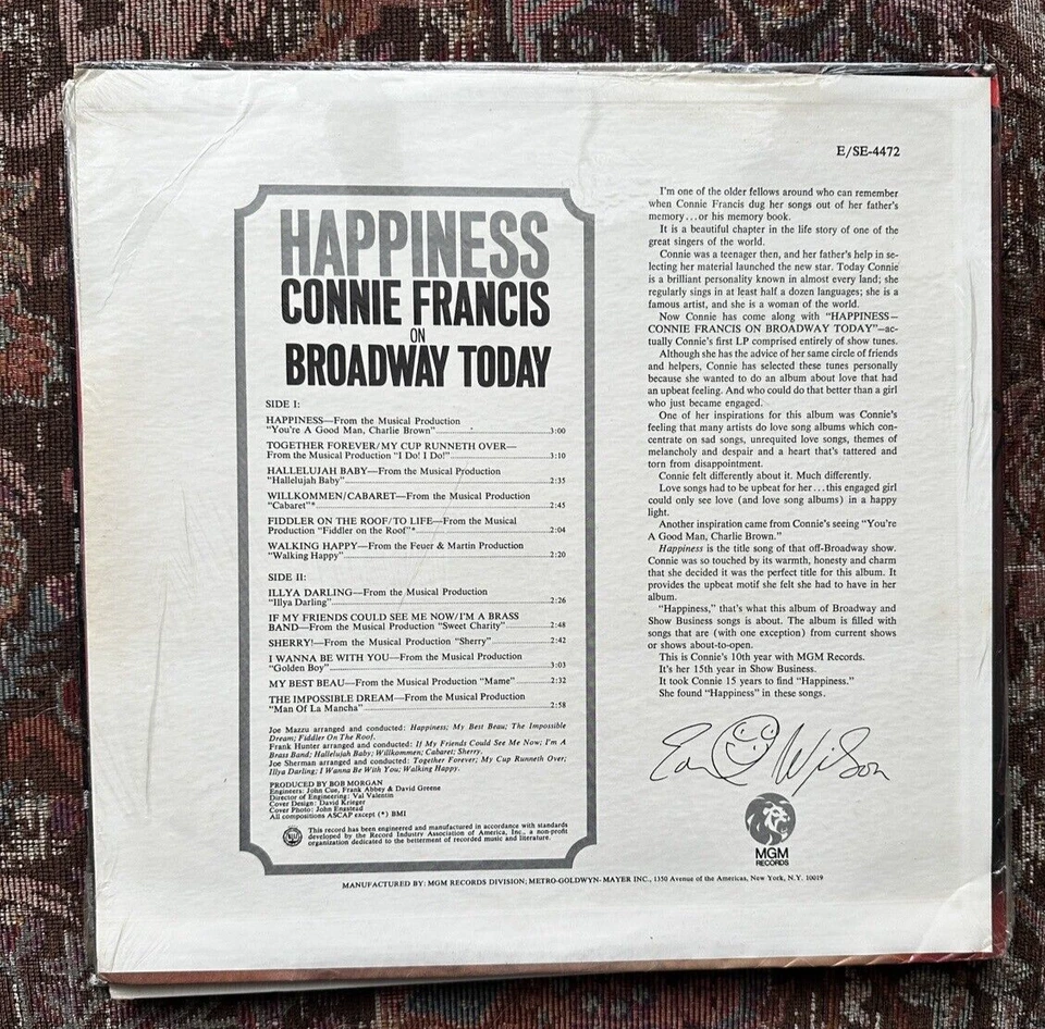 SEALED: Connie Francis - Happiness - Broadway Today  - MGM E 4472 - Image 2 of 2