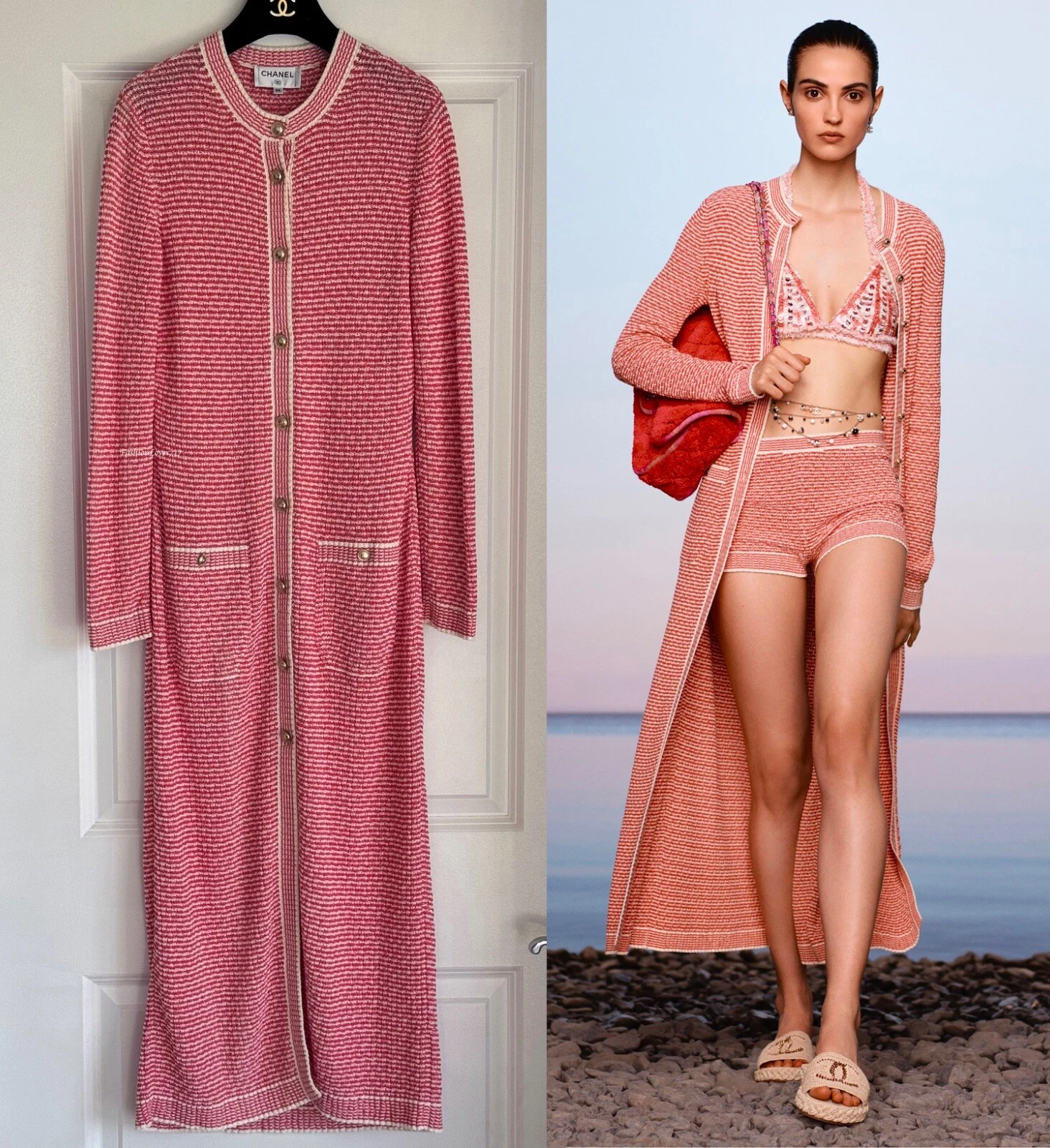 NUOVO $4050 21C CHANEL ROSA BIANCO ORO CC BOTTONI ABITO CARDIGAN 34