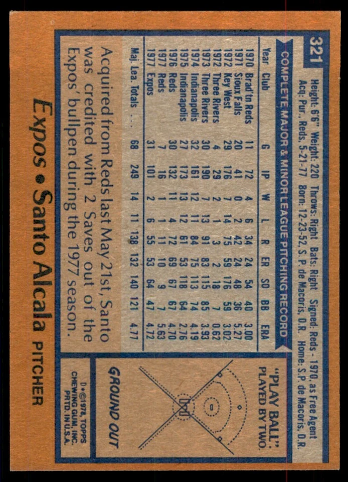 1978 Topps Santo Alcala Baseball Cards #321 - Image 2 of 2