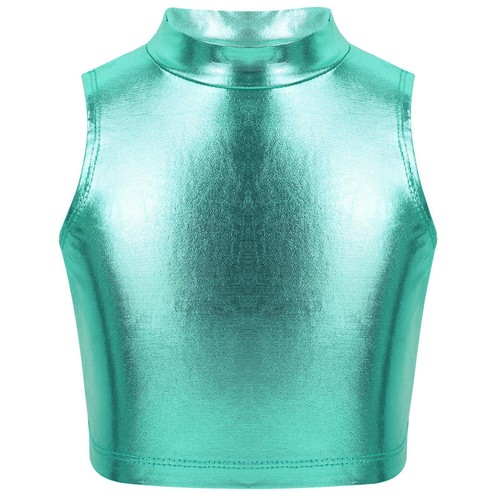 Kid Girl Shiny Metallic Dance Crop Tank Vest with Shorts Gym Workout Outfits - Picture 108 of 117