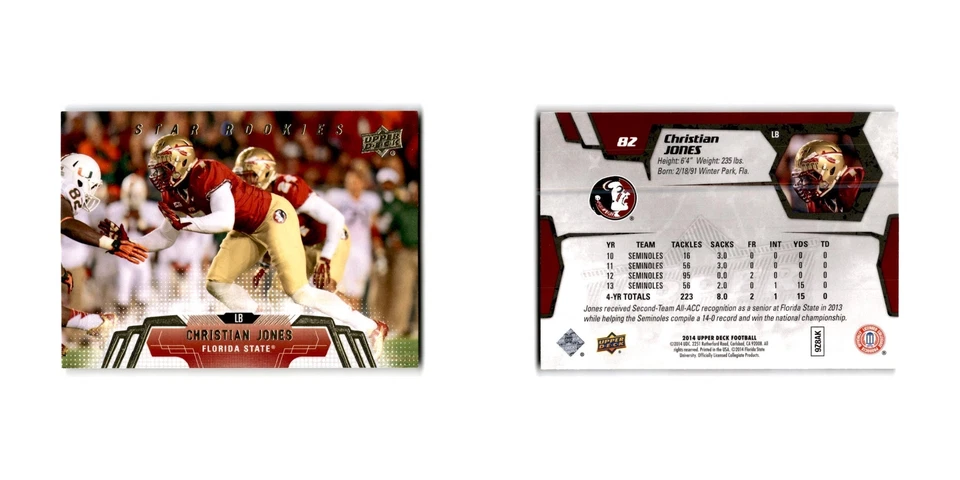 Christian Jones Rookie 2014 Upper Deck #82 Florida State Seminoles NM - Image 3 of 3