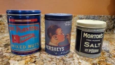 3 Tin Cans The Planters Pennant Brand Mixed Nuts Mortons Salt & Hersheys Kisses