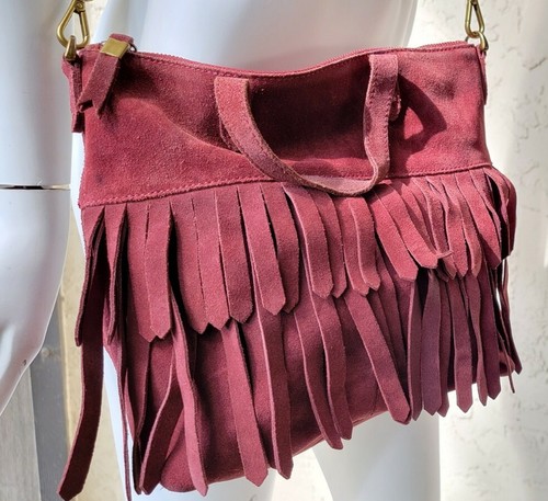 Madewell Wine Suede Fringe The Transport Crossbody Purse Bag Flaw - Picture 2 of 7