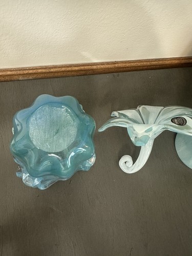Blue Swirl Murano Glass Lot Vase Flower Swirl Bowl Set Of 3 - Picture 7 of 10