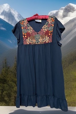 Savanna Jane Dress 3X Embroidered Ruffled Navy Blue Lined Cottagecore Sundress