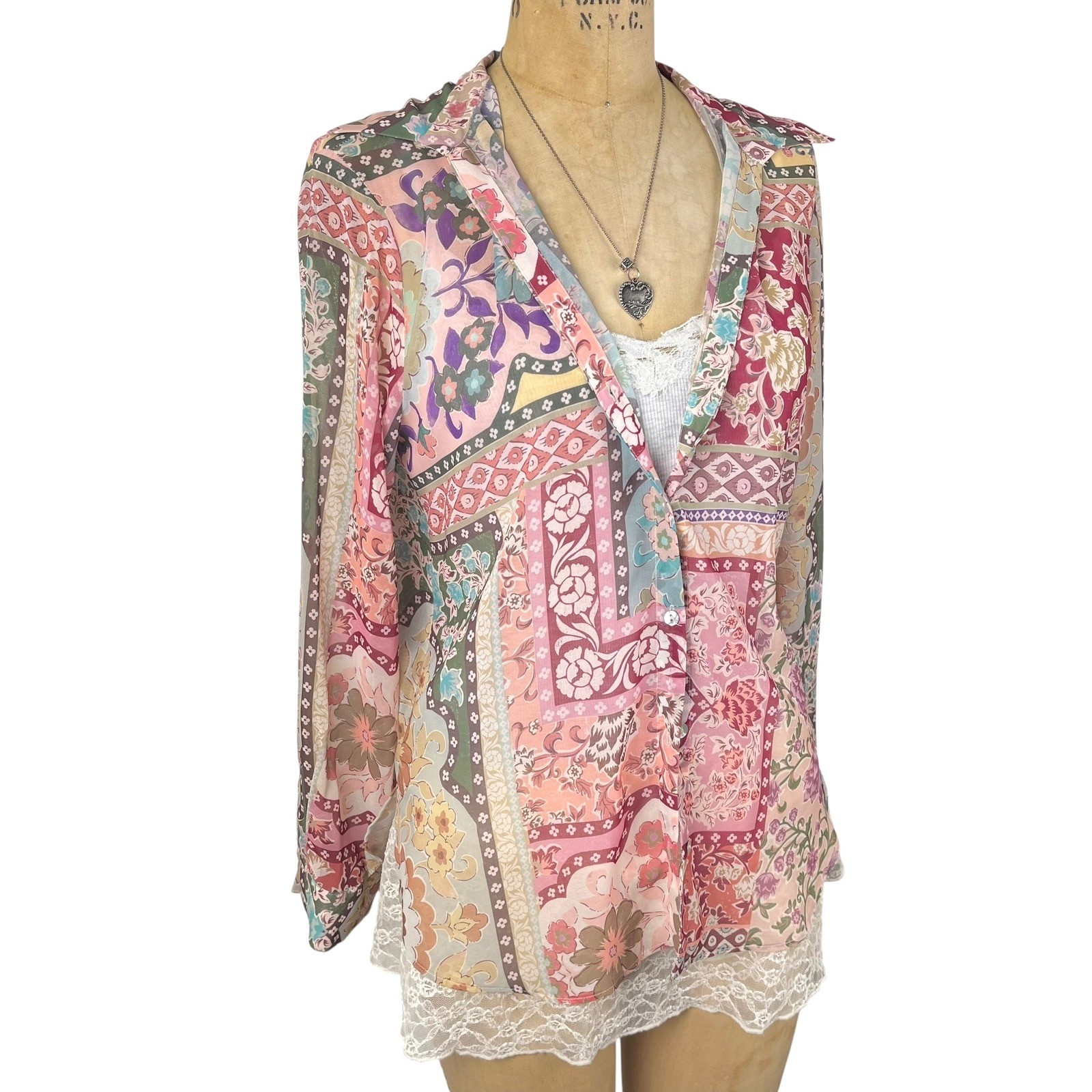 Boho Zara Patchwork Floral Button Down Sheer Blou… - image 3