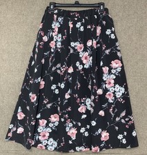 Vintage 90s Womens 12 Black Floral Midi Skirt Whimsigoth Dark Romantic Pockets