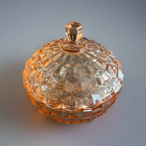 Vintage Fostoria Peach Candy Dish Depression Glass With Lid 5.5”