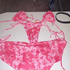 Pink Floral 3 Piece Triangle Bikini Set M Adjustable Strap Polyester Elastane