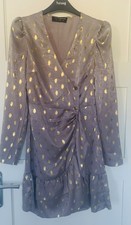 Little Mistress Size 8 Gold Printed Satin Wrap Ruffle Tiered Hem Dress