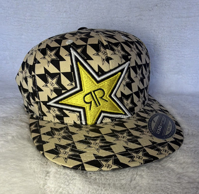 Rockstar Energy Drink Logo Fitted Flat Brim Hat Cap Black Beige Yellow