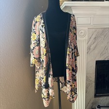 Pink Floral Kimono Covered-up Free Size With Black Lace Trim