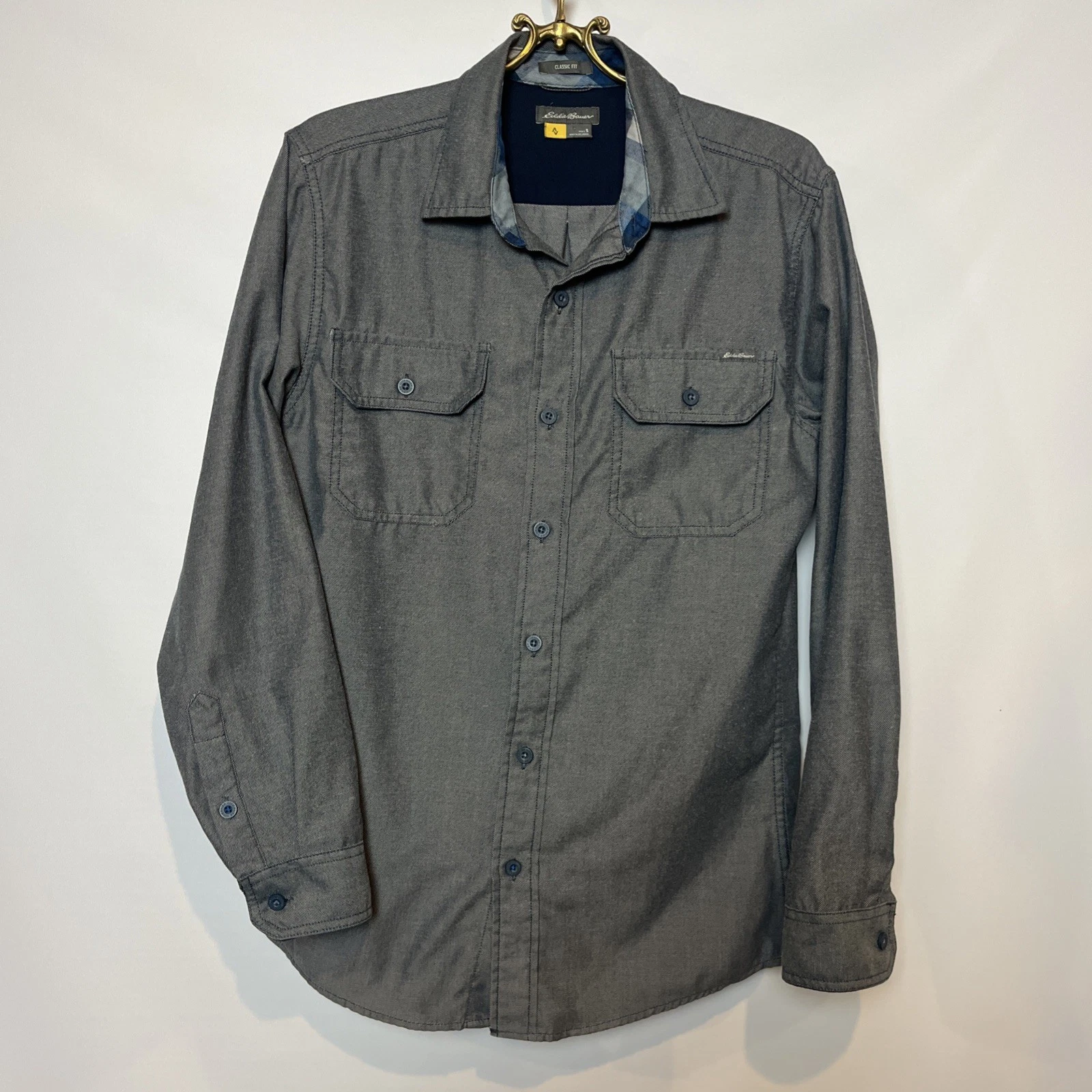 LL Bean Shirt Mens Small Gray Flannel Button Front Dual Pockets Workwear