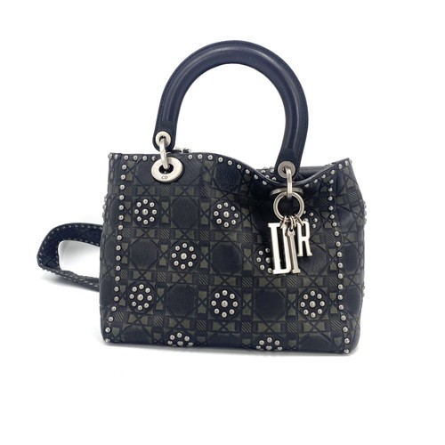 AUTH Dior Mini Lady Dior Black Green Cannage Studded Calf Leather Crossbody Bag