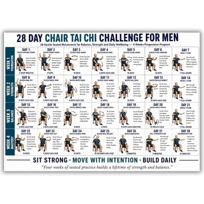 Chair Tai Chi Challenge Poster for Men & Seniors, 28 Day Guided Home Workout