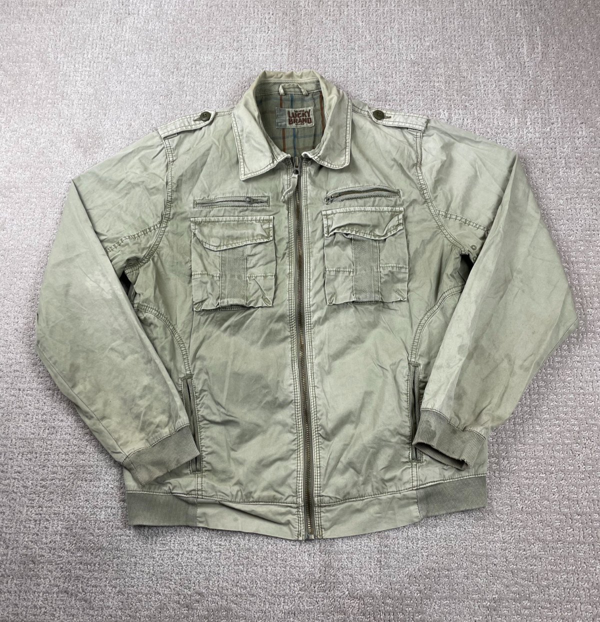 Lucky Brand Jacket Mens L Lightweight Full Zip Lined Cargo Utility Military Y2K