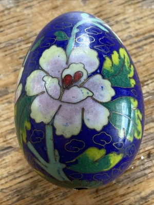 Vintage Cloisonne Emaille Intarsien Messing Ei blaue Blumen 2,5'' hohl Ostern
