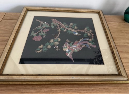 Vintage gerahmte handbemalte Vögel auf Stoff östliche Wandkunst Batik, 40 cm x 43 cm - Bild 9 von 17