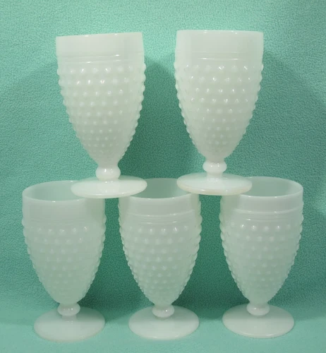 Lot of 5 VTG White Milk Glass Hobnail Ladder Footed Glass Juice Water Goblet 9oz