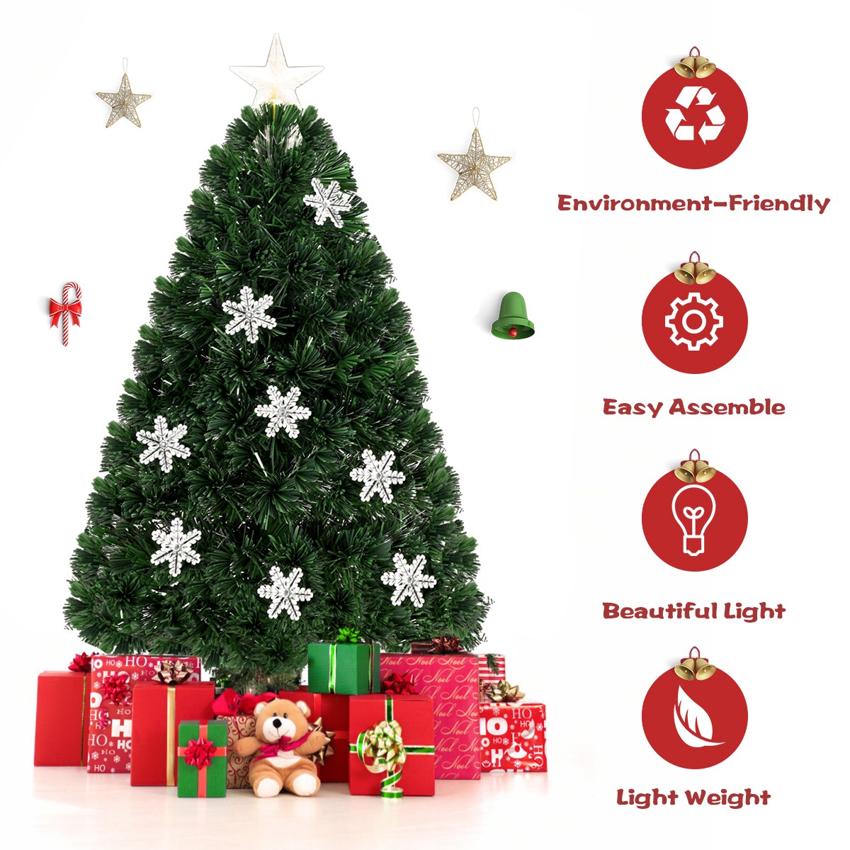 4FT Pre-Lit Fiber Optic Artificial Christmas Tree w/Multicolor Lights Snowflakes