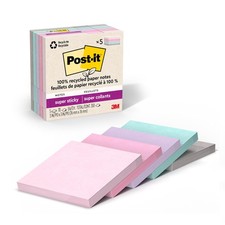 Post-it 100% Recycled Paper Super Sticky Notes, 2X The Sticking Power, 3x3 in, 5