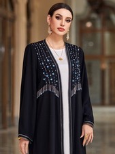 Muslim Women Dubai Open Abaya Rhinestone Beaded Maxi Dress Islamic Long Robes