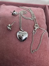 925 Sterling Silver Diamond Heart Necklace & Stud Earrings Set