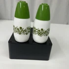 VINTAGE GEMCO  AVOCADO GREEN CRAZY DAISY SALT & PEPPER SHAKERS PYREX CORELLE !