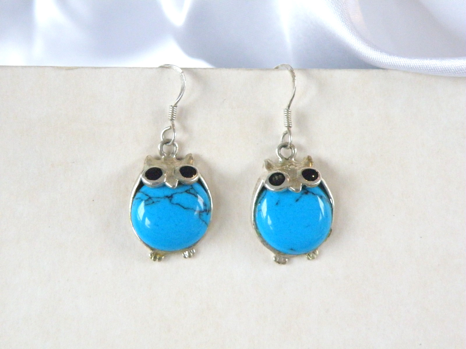 Vintage Sterling Silver 925 Turquoise Jelly Belly Owl Drop Dangle Earrings