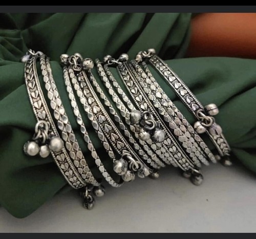 Designer Oxidized Black Silver Thin + Ghungroo Bangles for wedding Set of 16