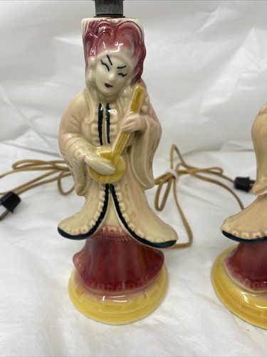 Coppia Lampade da Tavolo Vintage Metà Secolo Quaranta/Cinquanta Statuine Asiatiche Lampada TV - Foto 8 di 14
