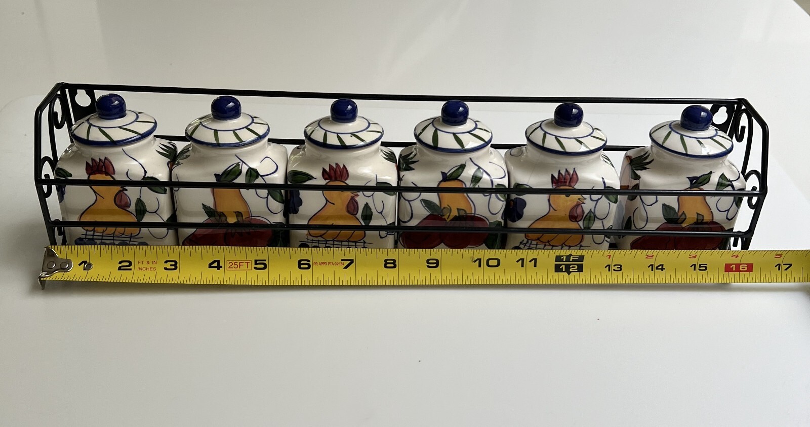 Set 6 Vintage Rooster Fruit Spice Jars Rack