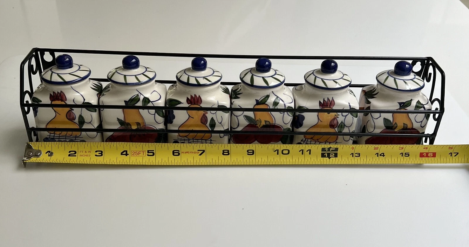 Set /6 Vintage Style Eyes by Baum Bros RARE "Rooster & Fruit" Spice Jars w/Rack