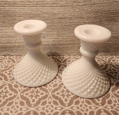 Vintage Pair of Milk Glass Diamond  Quilt Candlesticks