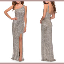 NWT 408 La Femme 12 One-Shoulder Sequin Gown in Silver/Nude G983