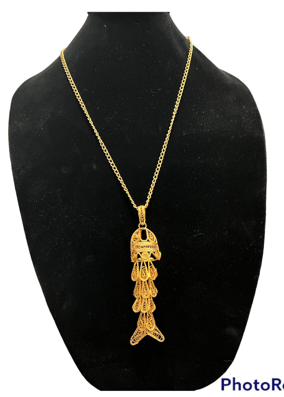 Large Vintage Gold Tone Articulated Fish Pendant and … Gem