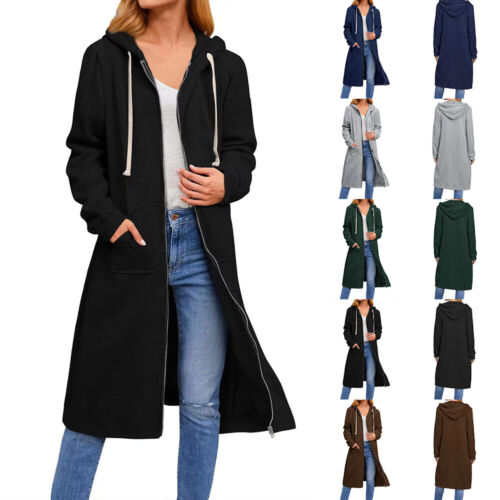 Women Ladies Long Hooded Hoodie Zip Up Pocket Jumper Fleece Coat Sweatshirt Tops - Picture 1 of 18