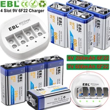 EBL  9V Ni-MH/Li-ion Rechargeable Batteries 280/ 600mAh 9V Battery / Charger Lot