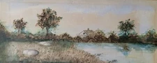 Vintage Naive Folkart Landscape Watercolor Painting 16"×6.5"