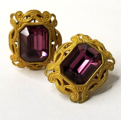 Miriam Haskell Russian Gold Gilt Purple Glass Earrings Signed Vintage