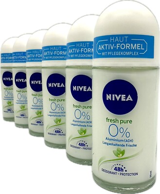 6x Nivea fresh pure  - 48h Schutz 0% Aluminium Deo Roll-On  (6x 50ml Deoroller)