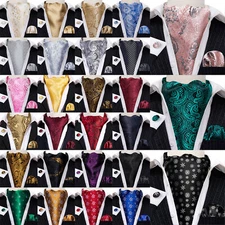 Mens Cravat Paisley Floral Solid Ascot Tie Set Wedding Formal Hankie Cufflinks
