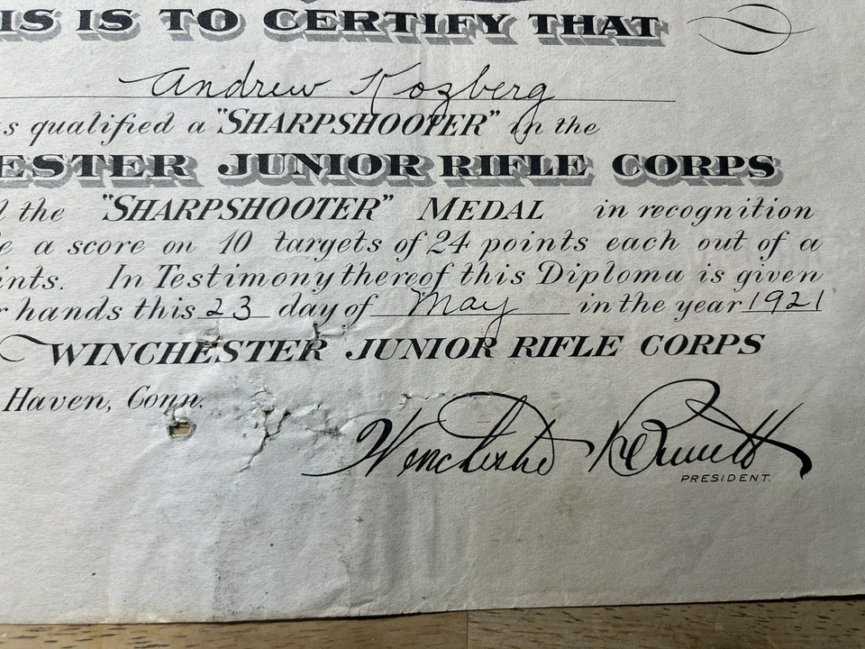 Antique 1921 Winchester Junior Rifle Corps Diploma "Sharpshooter" New