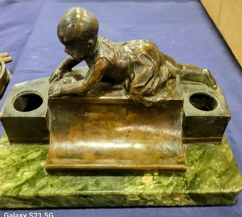 Antique Bronze Armor Works NY Bronze Baby Double Inkwell Sculptor Initials RARE - Picture 2 of 17