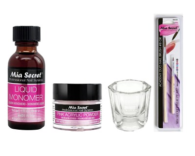 Mia Secret Monomer 1oz-Pink Acrylic Powder 0.25oz-Dappen Dish-#8 OR Duo Brush