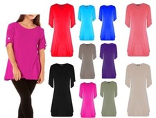 Ladies Short Turn up Sleeves Button Long Flared Swing Tunic Dress Gypsy Top 8-26