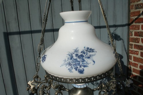 XL Dutch Delft blue white pottery angels cherubs metal glass chandelier 3 arms - Picture 7 of 7